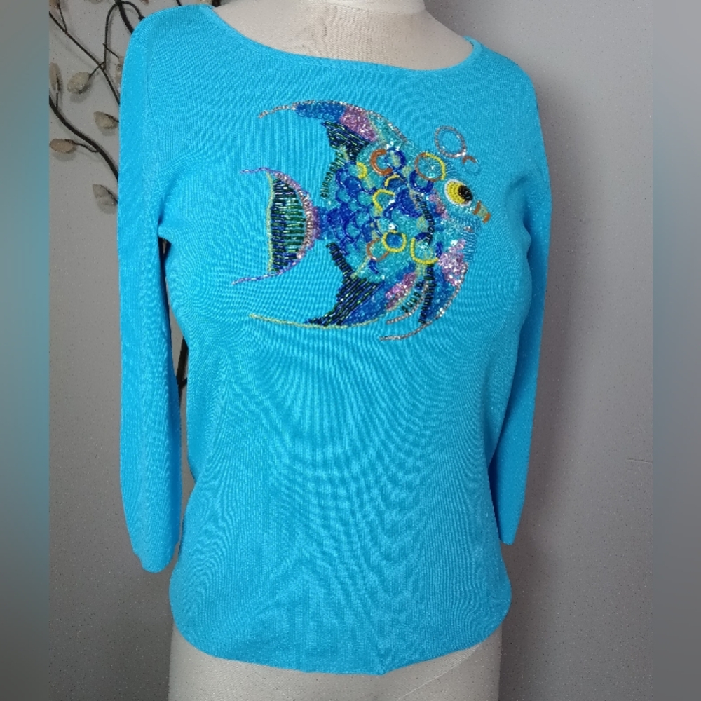 🐟 Sequin Beaded Fish CHADWICKS Real Comfort Top Sweater Teal Blue Sz S Shirt